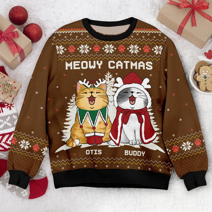 Personalized Cat Meowy Catmas Ugly Christmas Sweater, Custom Cat Ugly Sweater, Funny Christmas Gift For Cat Owner Cat Lover, Cat Mom Sweater - WeCustomit