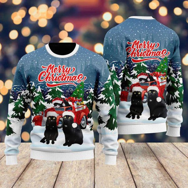 Merry Christmas Black Cat Ugly Christmas Sweater For Men & Women Christmas Gift Sweater US1393 - WeCustomit