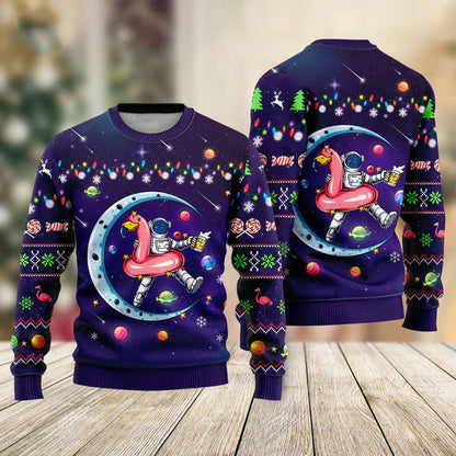 Funny Astronauts Sit On Flamingo Floats In Space With The Planet Ugly Christmas Sweater For Men & Women Christmas Gift Sweater US2371 - WeCustomit