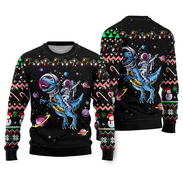 Funny Astronauts Ride A T-rex In Space With The Planet Ugly Christmas Sweater For Men & Women Christmas Gift Sweater US2372 - WeCustomit