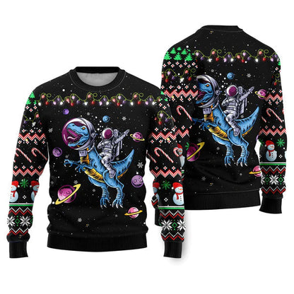 Funny Astronauts Ride A T-rex In Space With The Planet Ugly Christmas Sweater For Men & Women Christmas Gift Sweater US2372 - WeCustomit
