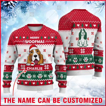 Basset Hound Dog Christmas Paw Heart Print Ugly Sweater Christmas Print Sweatshirt - Personalized Custom - Best Gift For Noel - WeCustomit