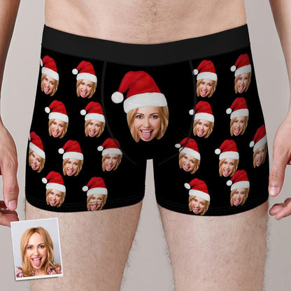 Custom Face Boxers Shorts With Christmas hat Personalized Photo Underwear Christmas Gift For Men