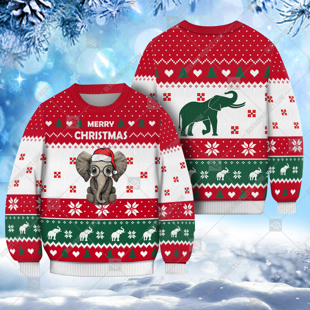 Elephant Christmas Heart Print Ugly Sweater Christmas Knitted Print Sweatshirt - Personalized Custom - Best Gift For Christmas, Noel - WeCustomit