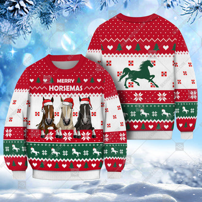 Horse Christmas Heart Print Ugly Sweater Christmas Knitted Print Sweatshirt - Personalized Custom - Best Gift For Christmas, Noel - WeCustomit