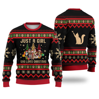 Just A Girl Who Loves Christmas Cat Sweater Christmas Knitted Print Sweatshirt - Best Gift For Christmas, Noel - WeCustomit