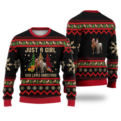 Just A Girl Who Loves Christmas Horse Sweater Christmas Knitted Print Sweatshirt - Best Gift For Christmas, Noel - WeCustomit