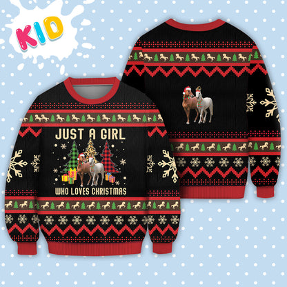 Just A Girl Who Loves Christmas Horse Sweater Christmas Knitted Print Sweatshirt - Best Gift For Christmas, Noel - WeCustomit