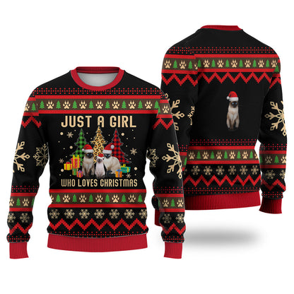 Just A Girl Who Loves Christmas Siamese Cat Sweater Christmas Knitted Print Sweatshirt - Best Gift For Christmas, Noel - WeCustomit
