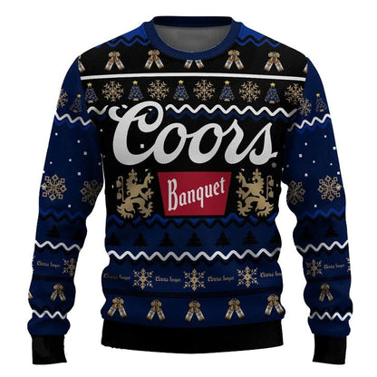 Personalized Coors Banquet Pine Tree Snowing Christmas Ugly Sweater - WeCustomit