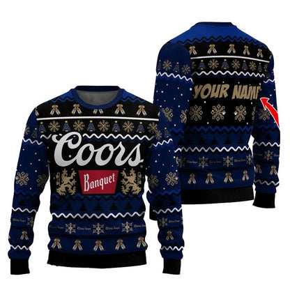 Personalized Coors Banquet Pine Tree Snowing Christmas Ugly Sweater - WeCustomit