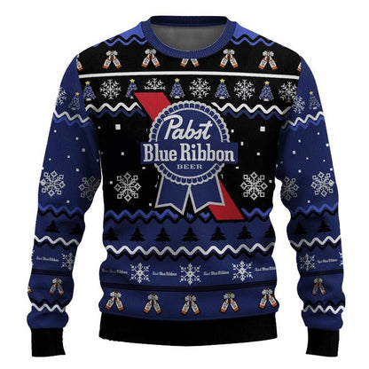 Personalized Pabst Blue Ribbon Pine Tree Snowing Christmas Ugly Sweater - WeCustomit