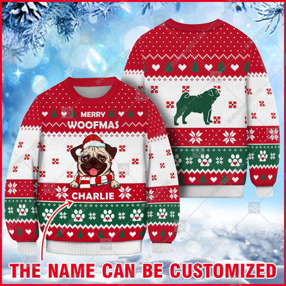 Pug Dog Christmas Paw Heart Print Ugly Sweater Christmas Knitted Print Sweatshirt - Personalized Custom - Best Gift For Christmas, Noel - WeCustomit