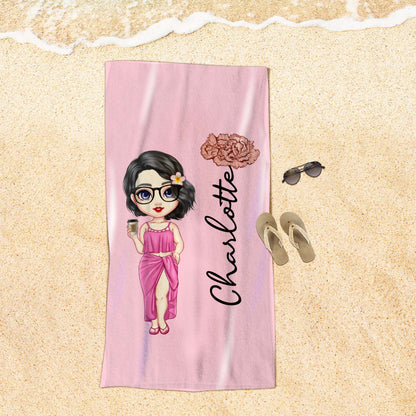 Custom Cartoon Women Girl Birth Flower Multicolor Beach Towel Personalized Name Vacation Beach Towel Gift for Friend