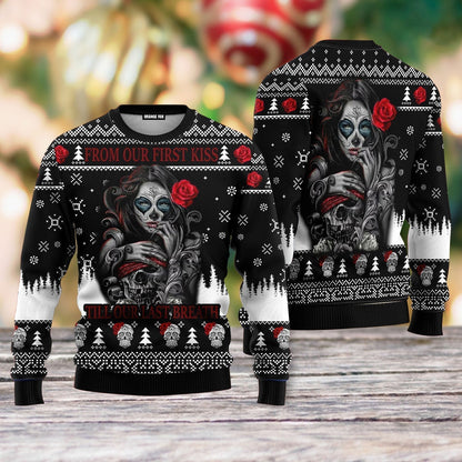 Sugar Skull From Our First Kiss Till Our Last Breath Ugly Christmas Sweater - WeCustomit