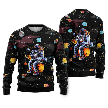 Funny Astronaut Fishing In Space Ugly Christmas Sweater - WeCustomit