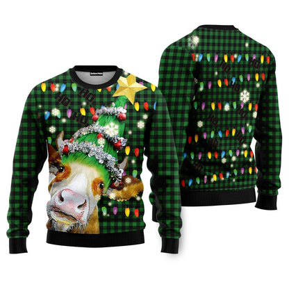Ho Ho Ho Cow Christmas Tree Ugly Christmas Sweater - WeCustomit