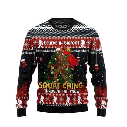 Believe In Bigfoot Squatching Through Snow Ugly Christmas Sweater For Men & Women Christmas Gift Sweater US3475 - WeCustomit