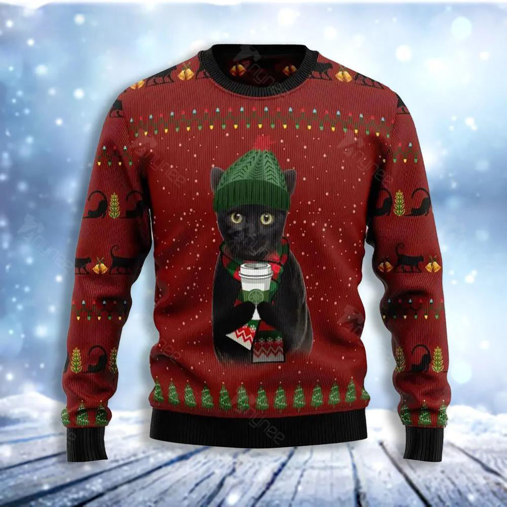 Black Cat Coffee Ugly Christmas Sweater For Men & Women Christmas Gift Sweater US3495 - WeCustomit