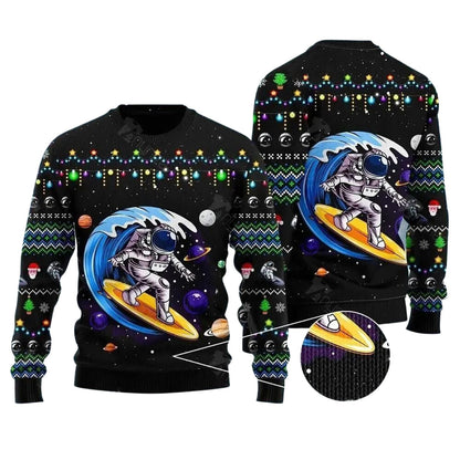 Astronauts Surf On A Surfboard In Space Ugly Christmas Sweater For Men & Women Christmas Gift Sweater US3712 - WeCustomit