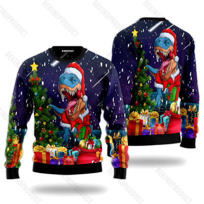 Scary Elf Dinosaur T-rex Wearing Christmas Suit Ugly Christmas Sweater For Men & Women Christmas Gift Sweater USN3057 - WeCustomit