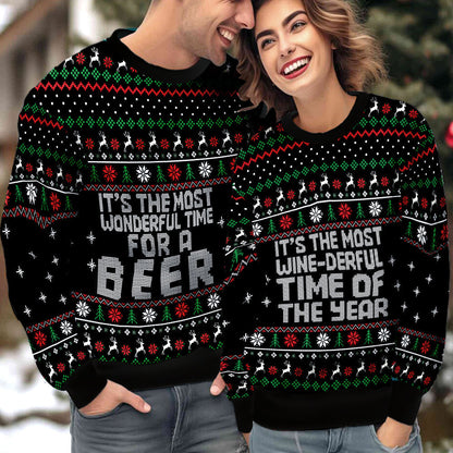 Wonderful Time For A Beer Couple Ugly Christmas Sweater Christmas Gift Anniversary Sweater USNC1006 - WeCustomit