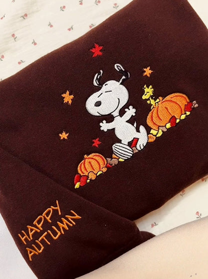 Sn00py Embroidered Crewneck Sweatshirt, Sno0py Autumn Leaves Pumpkin Sweatshirt, Halloween Cartoon Dog Embroidery Sweater - WeCustomit