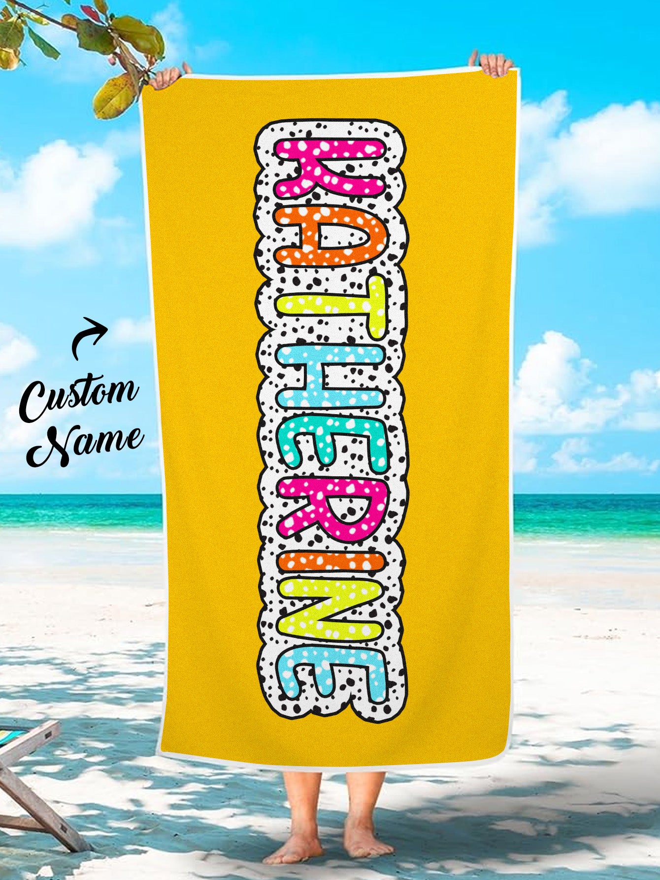 Personalized Dalmatian Dots Beach Towel with Rainbow Name Summer Vacation Bridesmaid Party Gift for Her