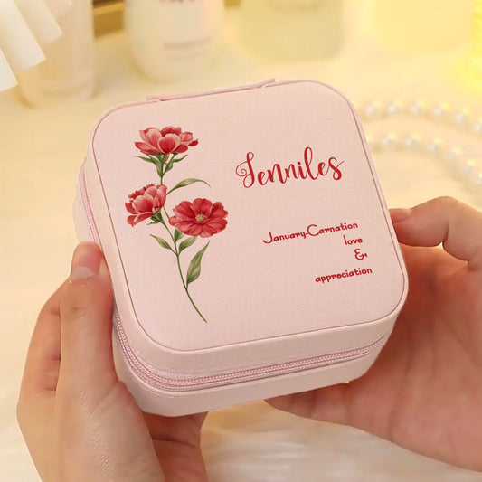 Personalized Birth Flower PU Leather Jewelry Box Bridesmaid Gift for Her