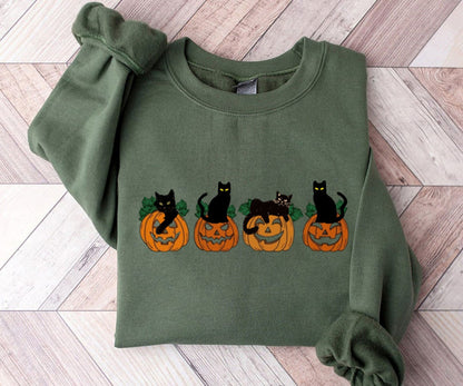 Halloween Sweatshirt, Cat Sweatshirt, Ghost Shirt, Halloween Sweater, Halloween Cat Shirt, Cat Lover Shirt, Black Cat Shirt, 2D Crewneck Sweatshirt All Over Print Sweatshirt For Women Sweatshirt For Men - WeCustomit