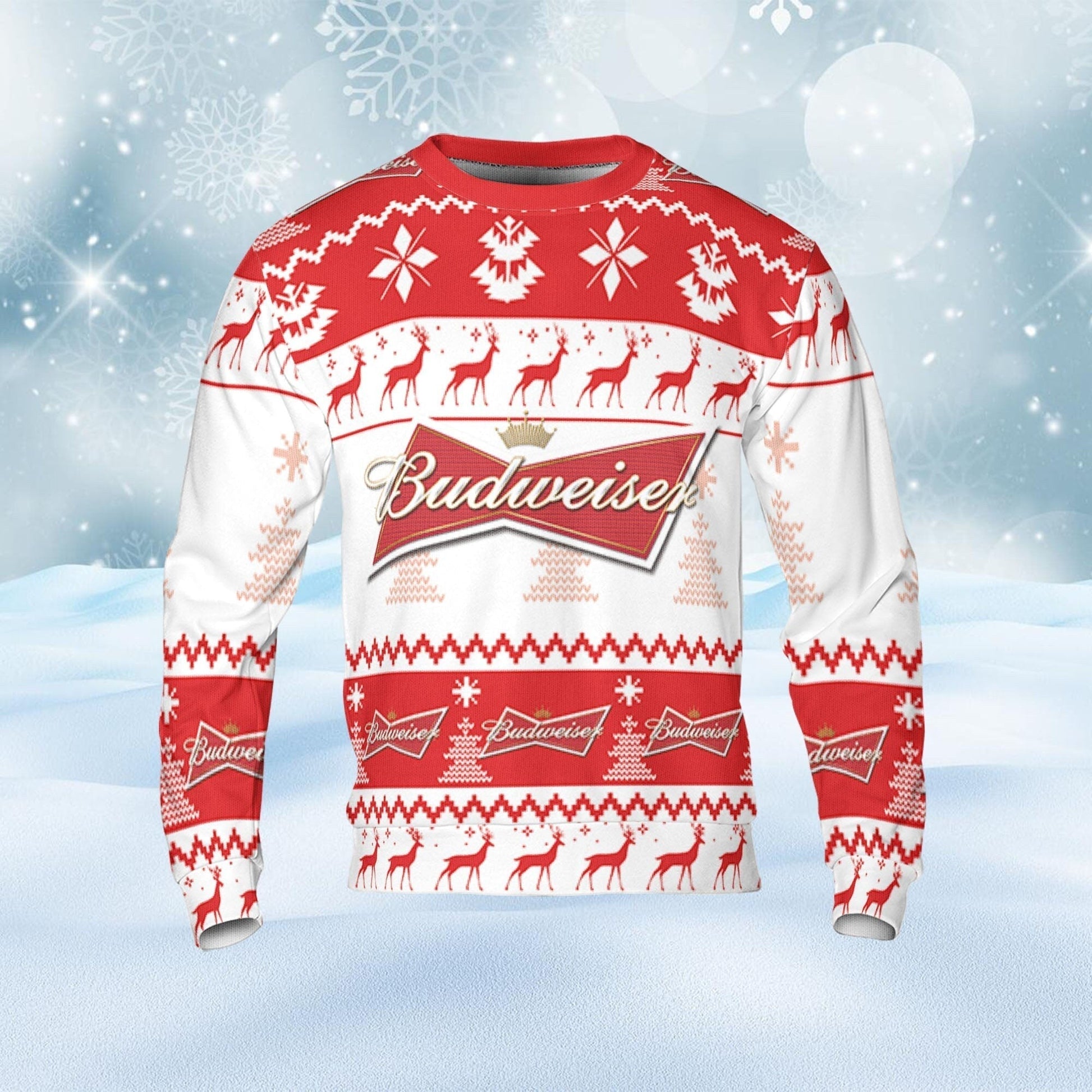 Budweiser Ugly Sweater Pine Trees n Reindeer Beer Loves ugly Gift, Christmas Sweatshirt, Budweiser ugly sweater gift for Dad - WeCustomit