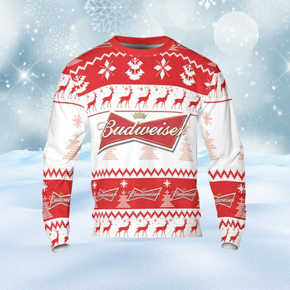 Budweiser Ugly Sweater Pine Trees n Reindeer Beer Loves ugly Gift, Christmas Sweatshirt, Budweiser ugly sweater gift for Dad - WeCustomit