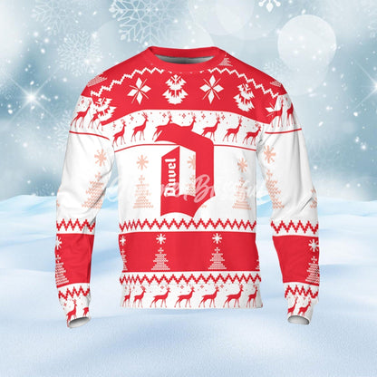 Duvel Beer Ugly Sweater Pine Trees n Reindeer Beer Loves ugly Gift, Christmas Sweatshirt, Duvel ugly sweater gift for Dad - WeCustomit