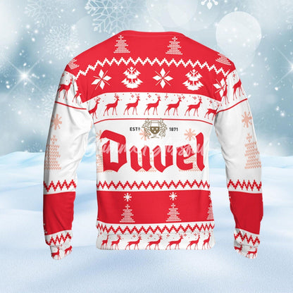 Duvel Beer Ugly Sweater Pine Trees n Reindeer Beer Loves ugly Gift, Christmas Sweatshirt, Duvel ugly sweater gift for Dad - WeCustomit