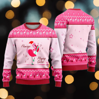 Funny Flamingo Playing Guitar Christmas Ugly Christmas Sweater For Men & Women Christmas Gift Sweater US1404 - WeCustomit