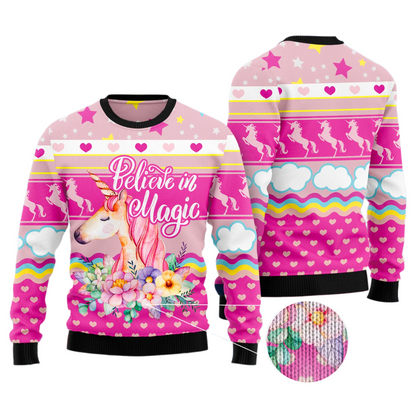 Unicorn Believe In Magic Ugly Christmas Sweater For Men & Women Christmas Gift Sweater US3521 - WeCustomit