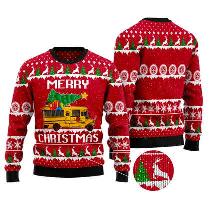 School Bus Merry Christmas Ugly Christmas Sweater For Men & Women Christmas Gift Sweater US3583 - WeCustomit